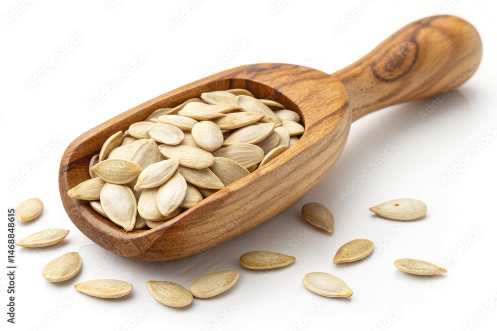 A Wooden Scoop Overflows With Shelled Pumpkin Seeds on a Clean Surface