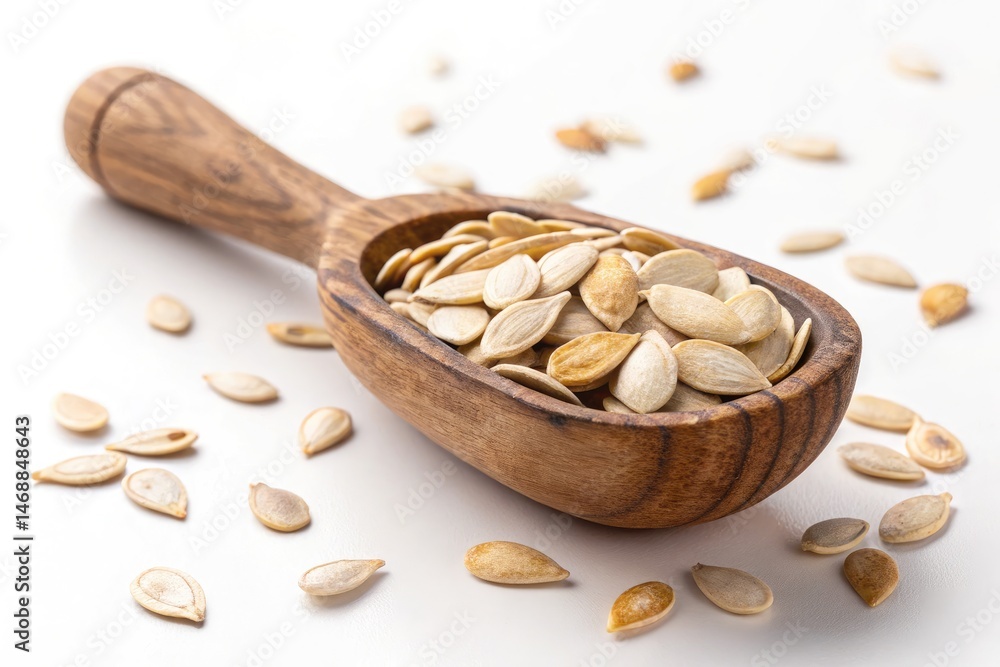 Wooden Scoop Filled With Shelled Pumpkin Seeds on White Background Generative AI