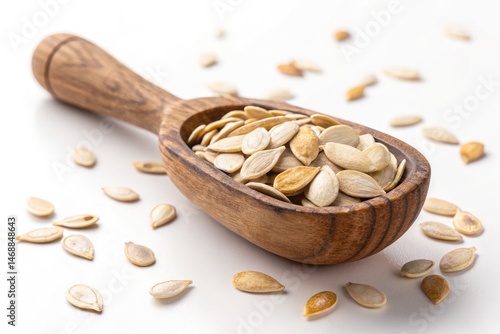 Obraz na płótnie Wooden Scoop Filled With Shelled Pumpkin Seeds on White Background Generative AI w salonie