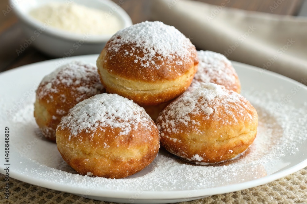Yeast Dough Fritters Dusted With Powdered Sugar on a Plate Generative AI