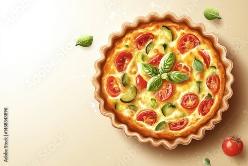 Quiche Lorraine Art Fresh Veggie Tart with Tomatoes  Basil.
