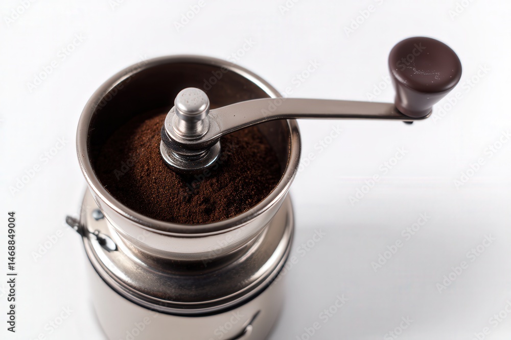 Manual coffee grinder with freshly ground coffee and beans on white background
Manual coffee grinder with freshly ground coffee and beans on white background
