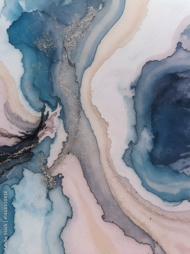 Fototapeta premium Abstract Fluid Art: Serene swirls of blues, pinks, and hints of silver create a mesmerizing abstract landscape. Perfect for adding a touch of elegance and tranquility to any space.