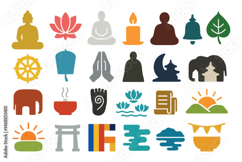 Buddhist Icon Set Symbols Meditation Lotus Dharma Temple Religion