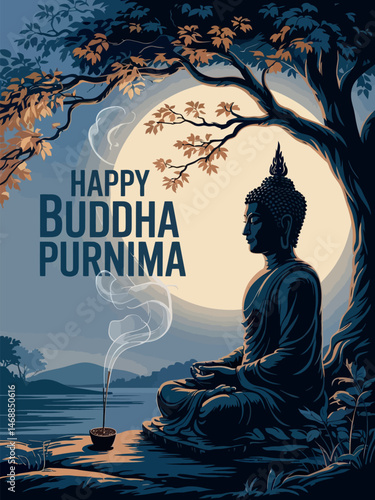 Happy Buddha Purnima Peaceful Meditation Spiritual Full Moon Art