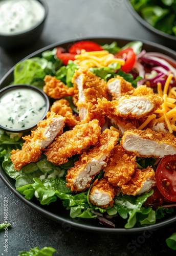 A fresh salad topped with crispy chicken tenders, cheese, and a side of ranch dressing. Stock