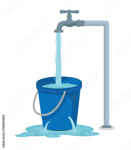 Filling tap water into a leaking bucket. Water spreads out from holes or cracks on bucket
