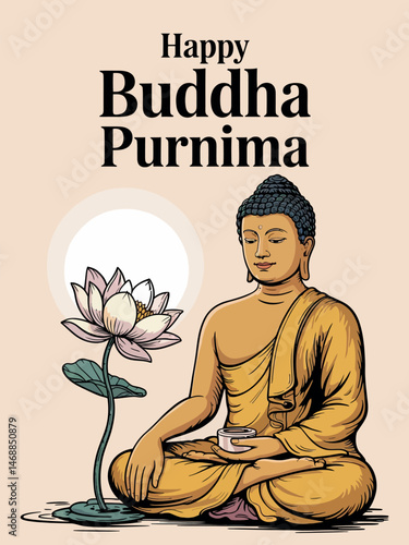 Happy Buddha Purnima Golden Statue Meditation Lotus Blessing Art