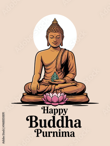 Happy Buddha Purnima Golden Statue Meditation Lotus Blessing Art