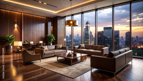 Luxurious business lounge with dark wood tones and brass accents