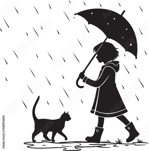 Girl with Umbrella Walking in the Rain with Cat – Silhouette Vector