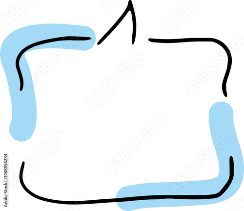 conversational speech bubble with broken black outlines hand drawn with black curved lines with thick blue broken lines drawn with a brush