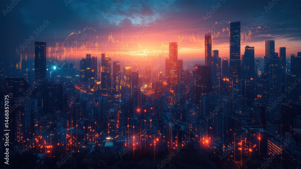 Fototapeta premium Futuristic cityscape sunset