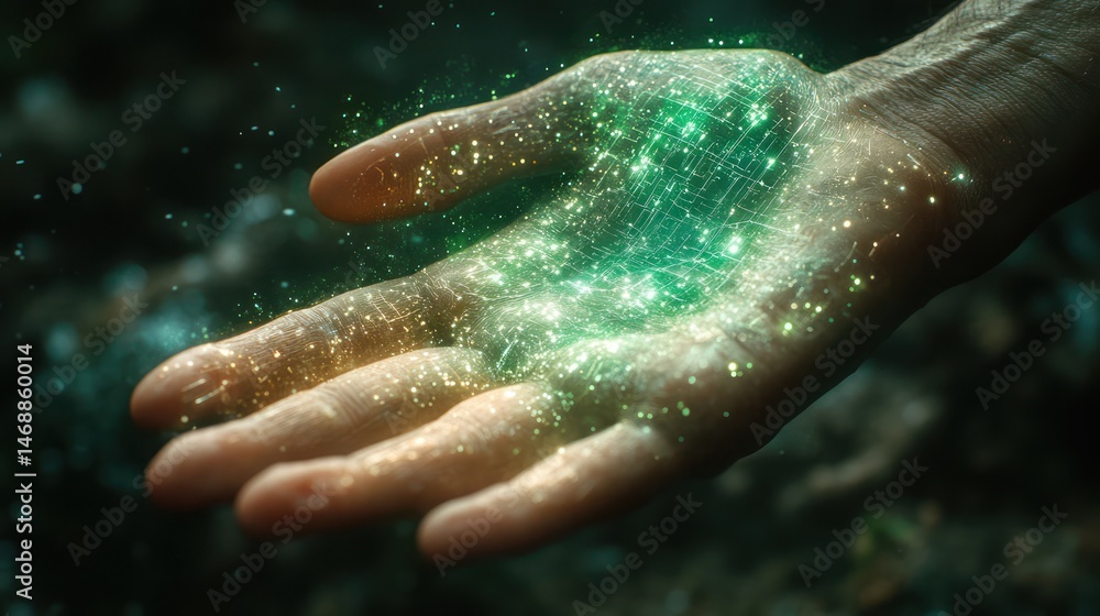Fototapeta premium Glowing green crystal in hand