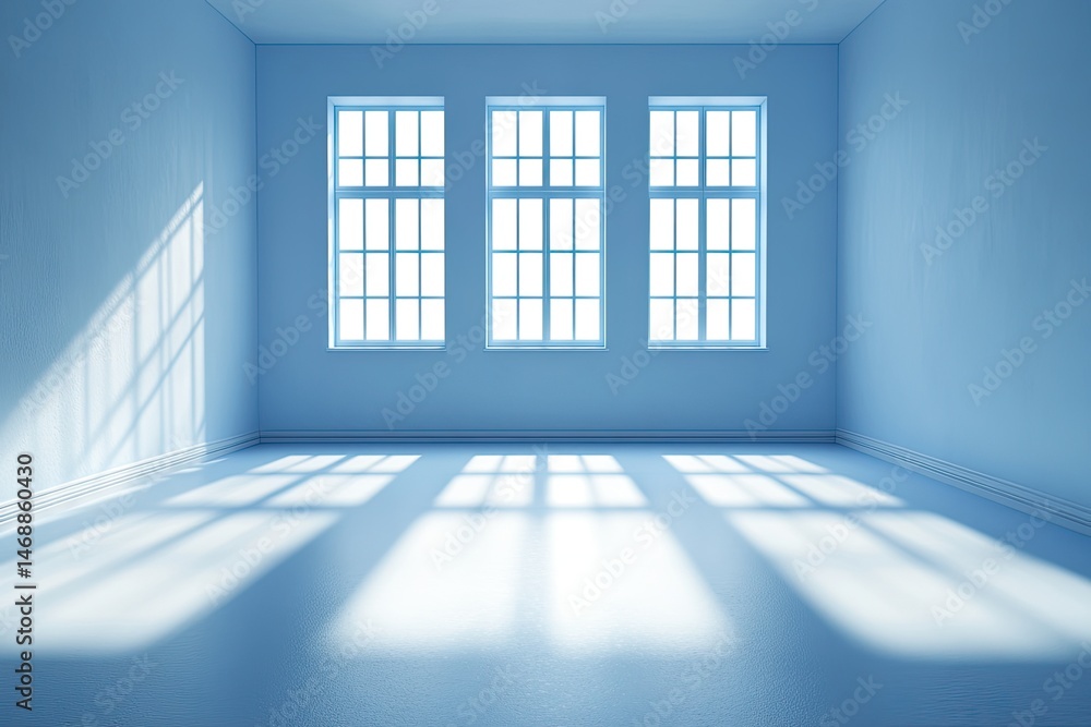 Empty light-blue room with windows. Sunlight casts shadows on the floor Empty light-blue room with windows. Sunlight casts shadows on the floor