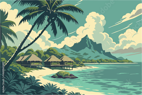 131 tropical paradise, tropical island, palm trees, overwater bungalows, crystal clear turquoise water, vibrant sky, fluffy clouds, lush greenery, sandy beach, serene, idyllic, landscape, cinematic, 8