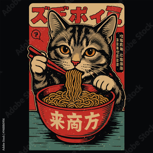 Ramen Noodles japanese cat vintage t-shirt design template eps file
