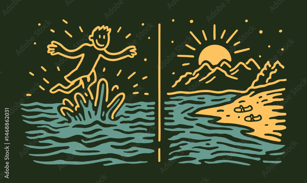 Fototapeta premium Playful Doodle of a Boy Jumping into Water Against Scenic Background