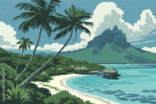 131 tropical paradise, tropical island, palm trees, overwater bungalows, crystal clear turquoise water, vibrant sky, fluffy clouds, lush greenery, sandy beach, serene, idyllic, landscape, cinematic, 8