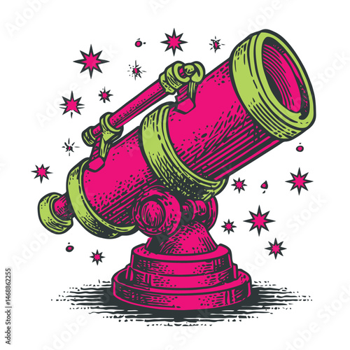 Vibrant Hand-Drawn Illustration of a Telescope with Celestial Stars