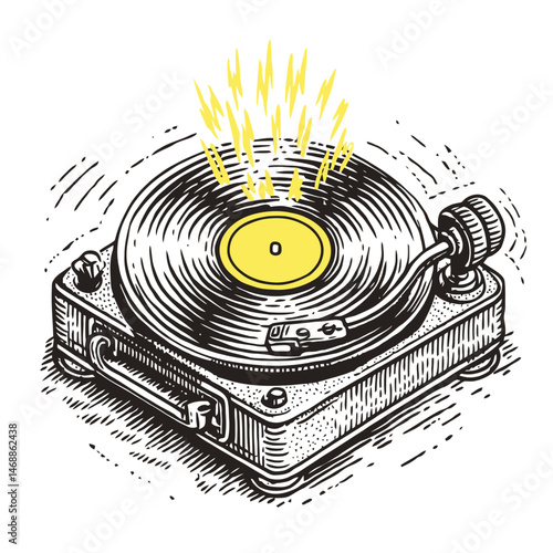 Hand Drawn Illustration of Vintage Turntable with Sound Waves