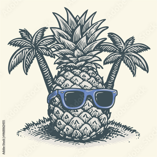 Hand Drawn Illustration of Pineapple with Sunglasses and Palm Trees