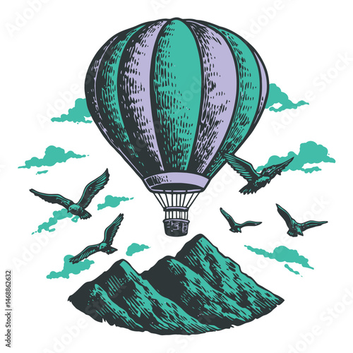 Hand-Drawn Illustration of a Hot Air Balloon with Mountains and Birds