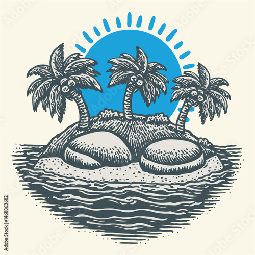 Hand Drawn Illustration of Tropical Island with Palm Trees and Sun
