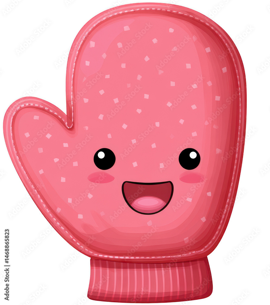 Cute Pink Cartoon Mitten Character with a Happy Face and Polka Dots Design on a Transparent Background Cute Pink Cartoon Mitten Character with a Happy Face and Polka Dots Design on a Transparent Background