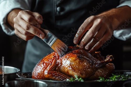 Chef is basting a perfectly roasted turkey with a brush for a delicious, glazed finish.