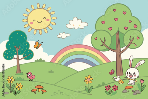 133 whimsical, fantasy, colorful, cartoon landscape, fluffy clouds, rolling hills, vibrant flowers, smiling sun, rainbow, trees, butterflies, cute characters, happy, cheerful, digital art
