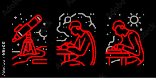Monoline Flat Icon Design of Telescope and Studying Astronomer