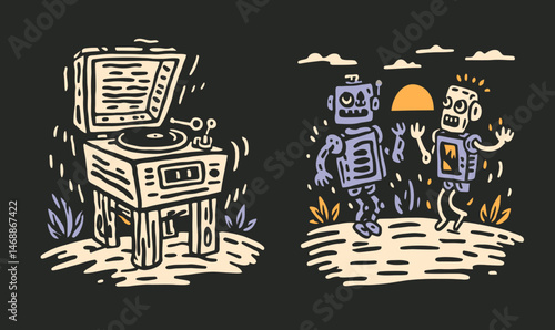 Hand-drawn Doodle of Robots and a Vintage Record Player in Nature