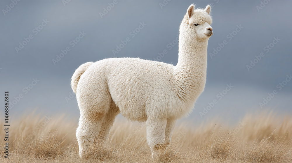 Fototapeta premium Majestic White Alpaca in a Field
