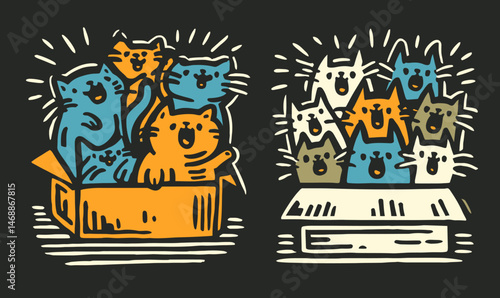 Colorful Hand Drawing of Cats in Cartoon Style Box Doodles