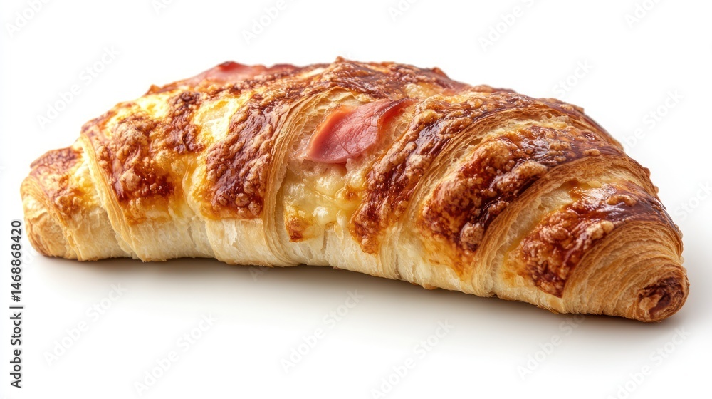 A cheesy, ham-filled croissant, golden brown and delicious. A cheesy, ham-filled croissant, golden brown and delicious.