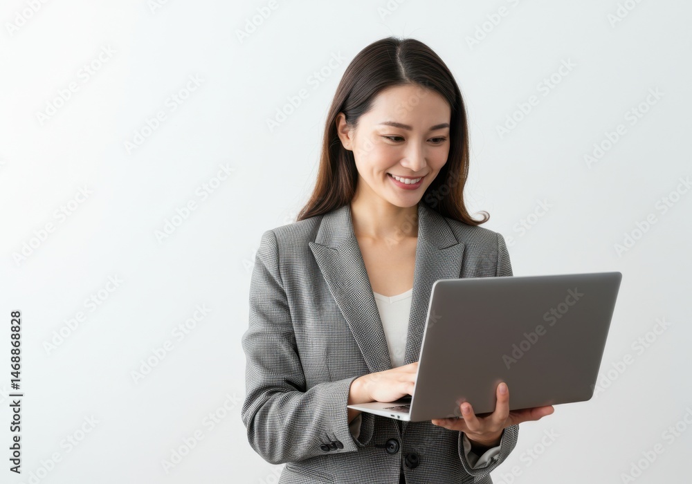 Smiling Asian Businesswoman Using Laptop Computer Isolated on White Background Smiling Asian Businesswoman Using Laptop Computer Isolated on White Background