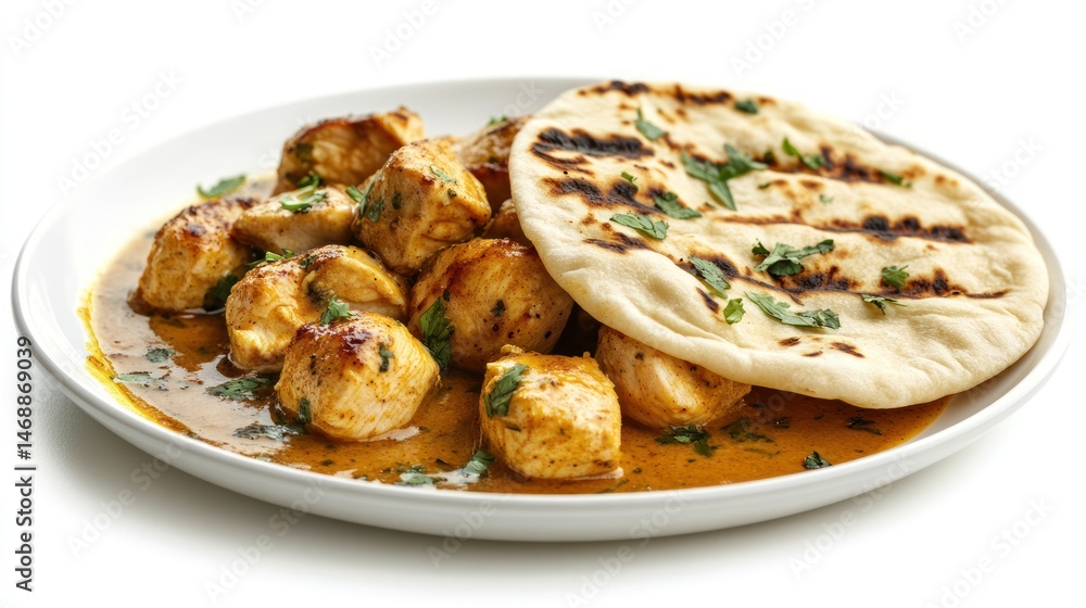 Spicy chicken curry served with grilled naan. Spicy chicken curry served with grilled naan.