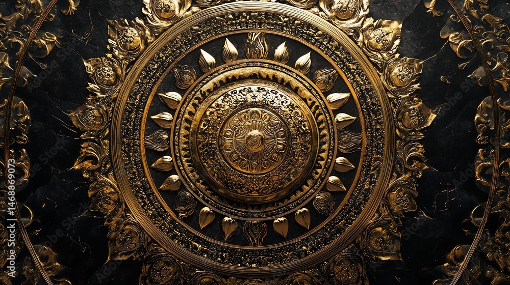 Ornate golden ceiling design with floral patterns. Ornate golden ceiling design with floral patterns.