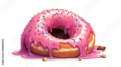 Delicious pink glazed donut dripping with icing. photo