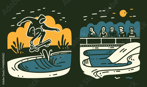 Hand-Drawn Doodle of Skateboarder Jumping Over Water Pool