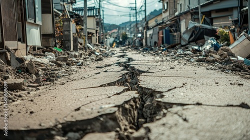 A massive crack splitting the ground through a destroyed city, with buildings tilted and cracked after a devastating earthquake.