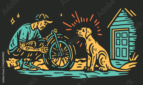 Creative Hand-Drawing of a Person Repairing a Bicycle with Dog