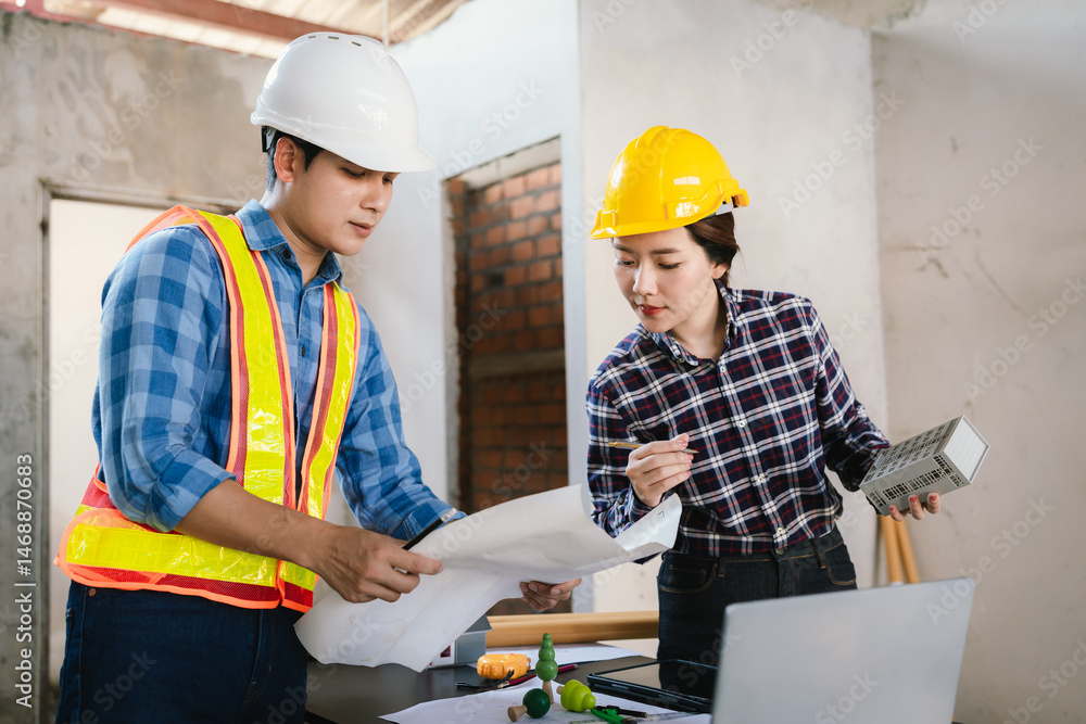 Engineers and contractors inspect construction plans indoors, using technology and equipment to ensure safety, structural integrity, planning, and confident teamwork. Engineers and contractors inspect construction plans indoors, using technology and equipment to ensure safety, structural integrity, planning, and confident teamwork.