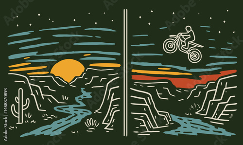 Vibrant Hand-Drawn Doodle of Sunset and Mountain Biking Adventure