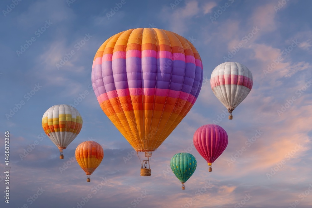 Naklejka premium Colorful Hot Air Balloons Soaring in a Serene Sunset Sky