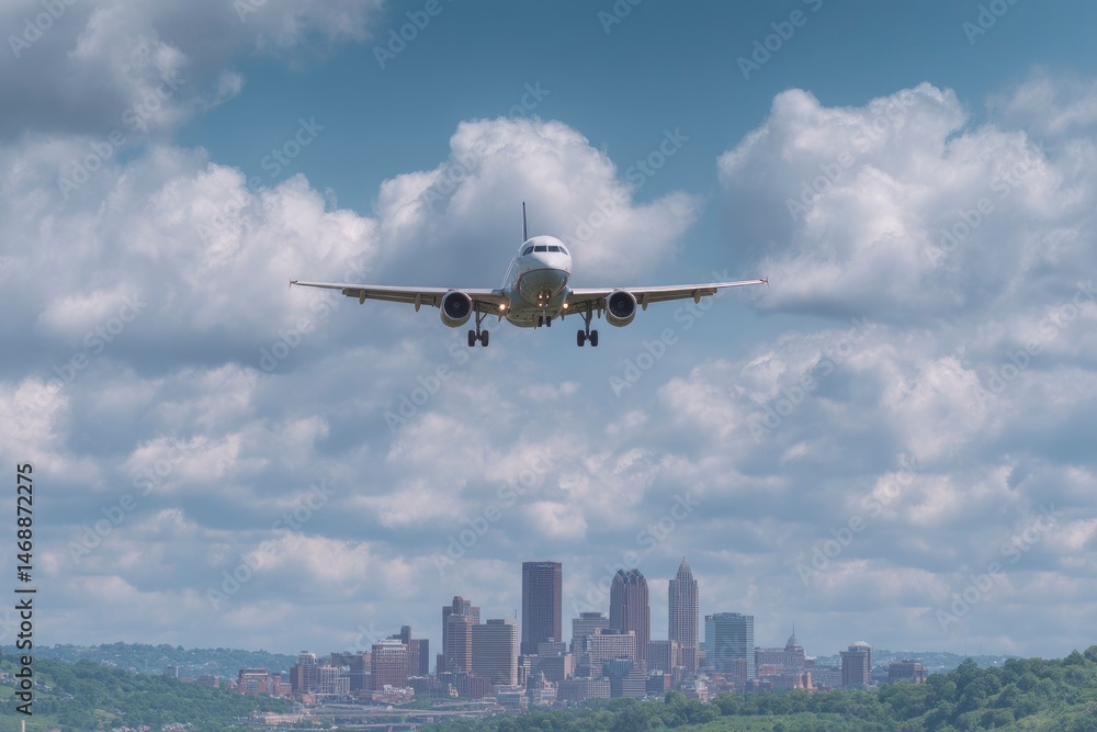 Fototapeta premium Airplane Landing: Cityscape Approach, Cloudy Sky