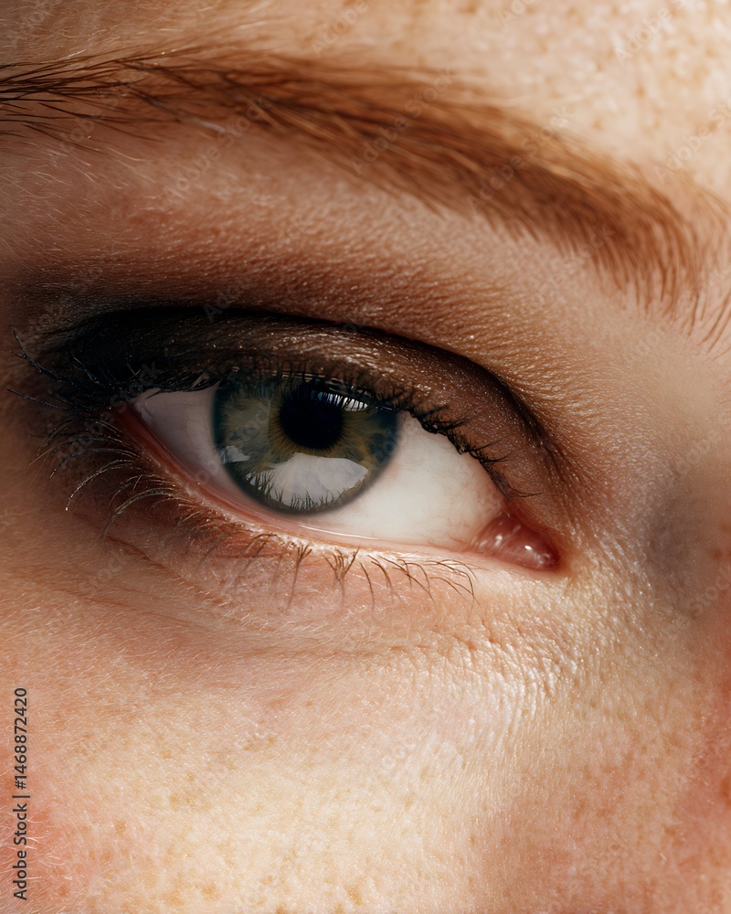 Obraz premium Close-up of the eyes of a Caucasian woman with smokey eye makeup in a Western style, white background, clinic lighting.
