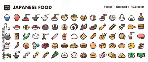 Japanese food illustration icon set.Simple vector outlines, clipart for graphic design.