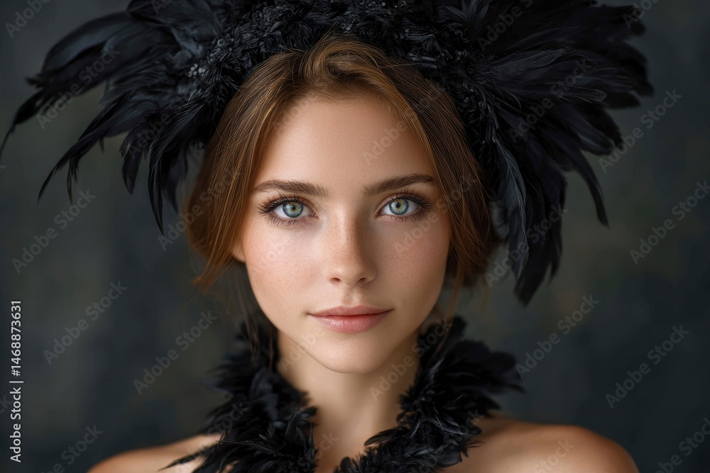Fototapeta premium Elegant Woman with Black Feather Headpiece: A Dark Romantic Portrait